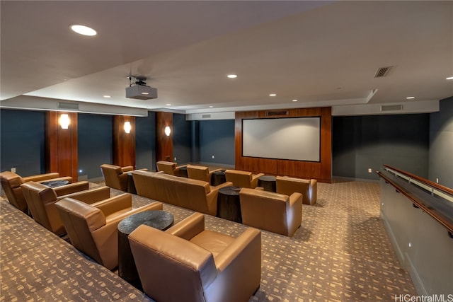 home theater featuring carpet