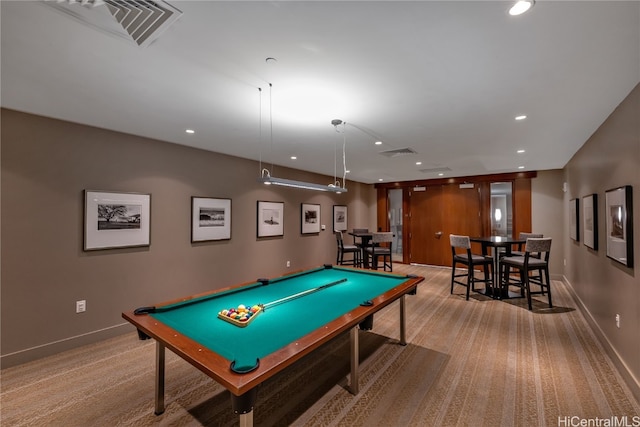 playroom featuring pool table and light colored carpet