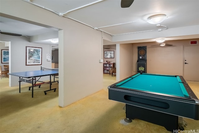 rec room featuring billiards and carpet floors