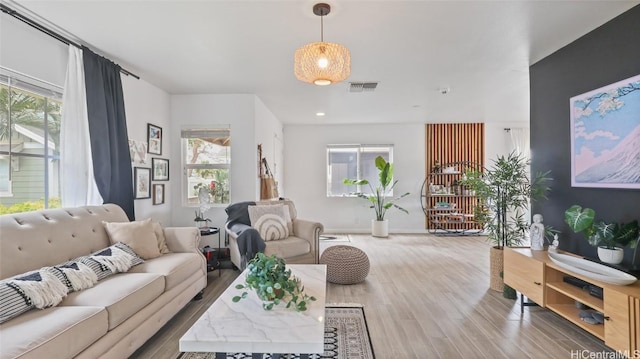 living room with a wealth of natural light and hardwood / wood-style floors