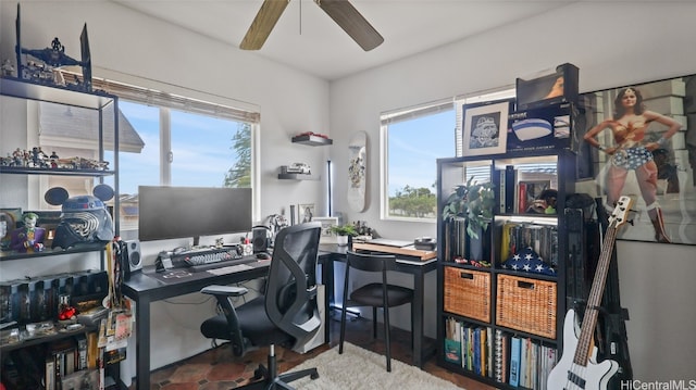 office with a wealth of natural light and ceiling fan