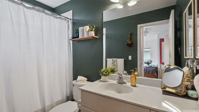 87-1950 Pakeke St Unit F, Waianae, HI 96792 - bathroom with ensuite bath, vanity, ceiling fan, and a shower with shower curtain