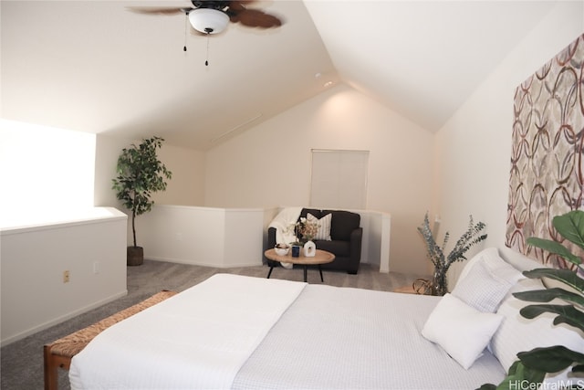 bedroom with ceiling fan, carpet floors, and lofted ceiling