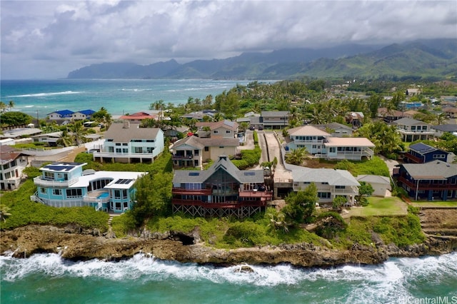 bird's eye view featuring a water and mountain view