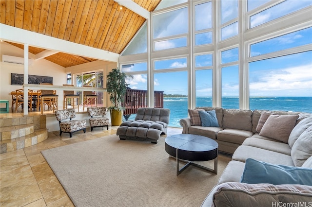 tiled living room with beamed ceiling, wood ceiling, a water view, and high vaulted ceiling