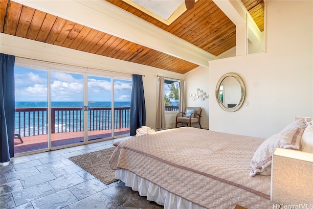 bedroom with wood ceiling, access to exterior, lofted ceiling with beams, and a water view