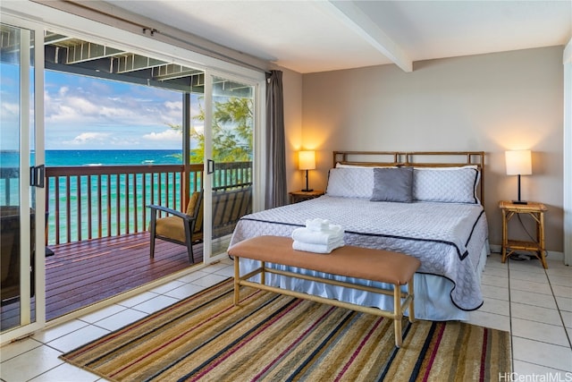 tiled bedroom with a water view, beam ceiling, and access to exterior