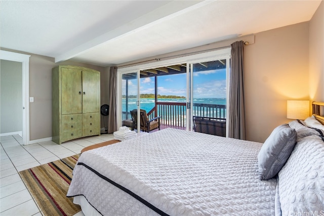 bedroom featuring beam ceiling, access to exterior, a water view, and light tile patterned floors