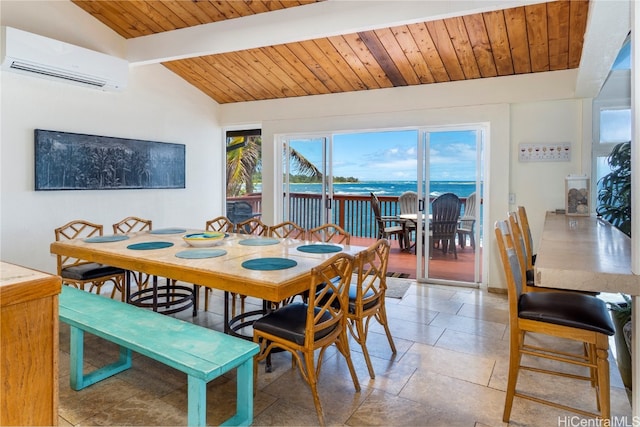 tiled dining room featuring a water view, wood ceiling, vaulted ceiling with beams, and a wall unit AC