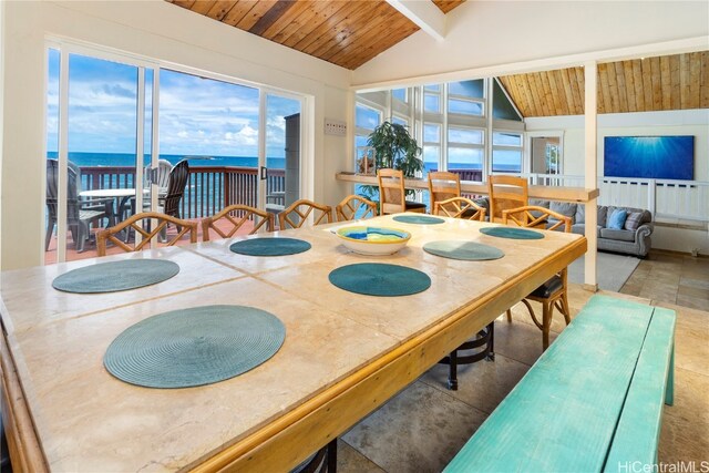 dining room featuring a water view, lofted ceiling with beams, and wooden ceiling