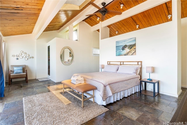 bedroom featuring ceiling fan, high vaulted ceiling, wooden ceiling, and beam ceiling