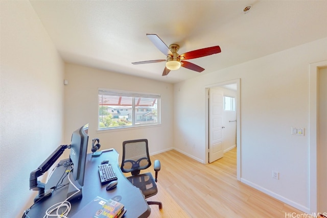 office with light hardwood / wood-style flooring and ceiling fan