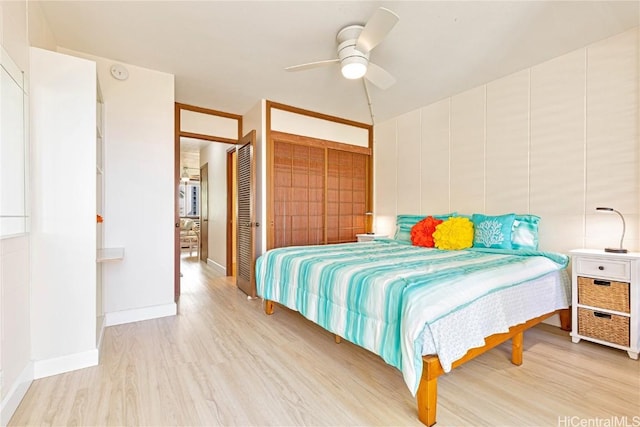 bedroom featuring ceiling fan and light wood-type flooring