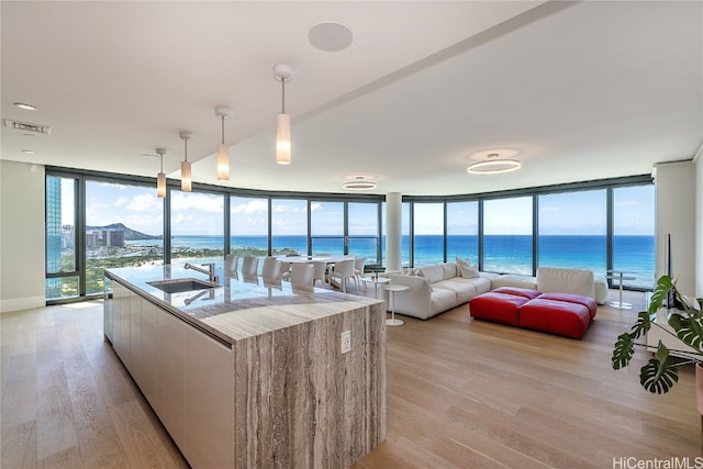 living room with a water view, light hardwood / wood-style floors, sink, and a wall of windows