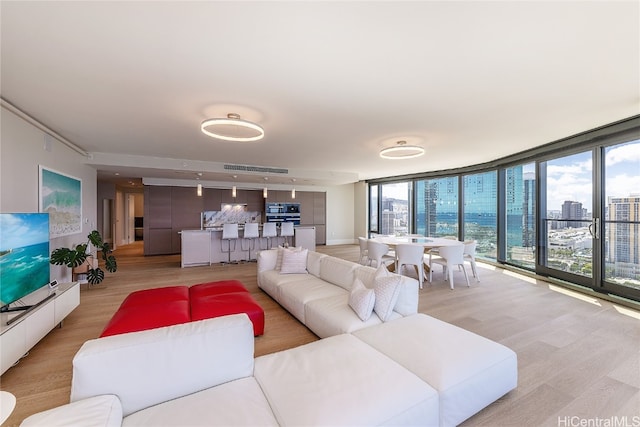 living room featuring a wall of windows and light wood-type flooring