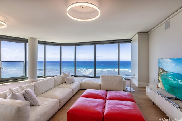 living room featuring a water view, hardwood / wood-style flooring, a healthy amount of sunlight, and floor to ceiling windows