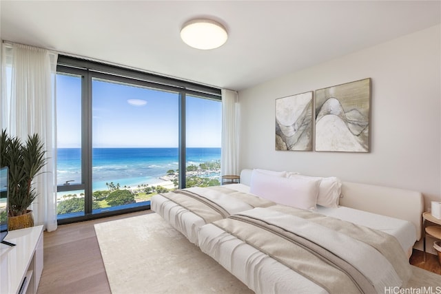 bedroom with multiple windows, a water view, and light wood-type flooring