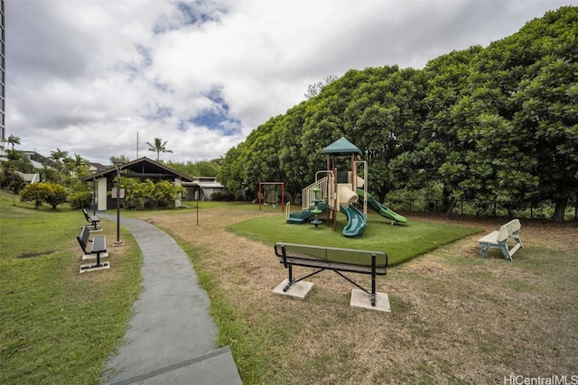 view of jungle gym with a yard