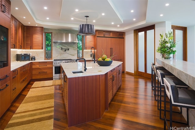 kitchen with a spacious island, high end stainless steel range, dark hardwood / wood-style flooring, and a raised ceiling