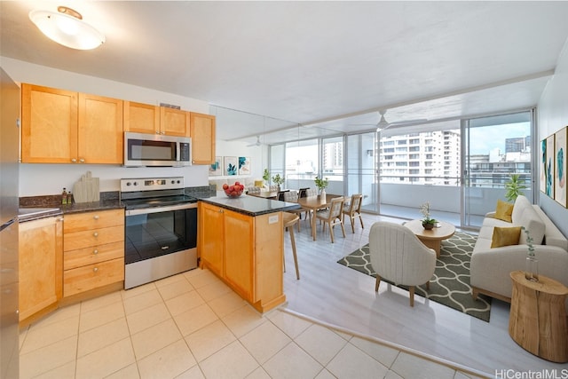 kitchen with kitchen peninsula, appliances with stainless steel finishes, dark stone counters, ceiling fan, and light hardwood / wood-style floors