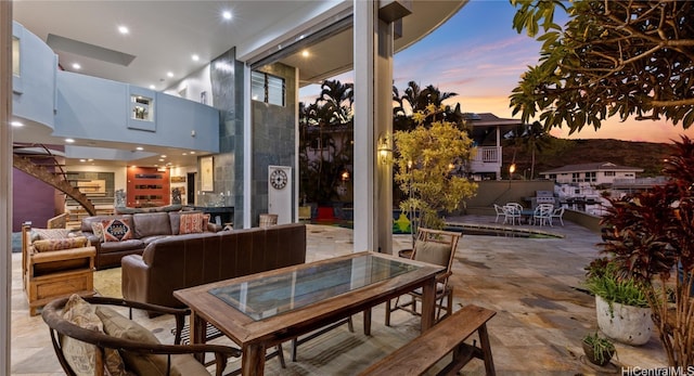 patio terrace at dusk with outdoor lounge area