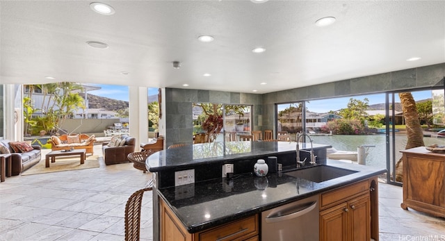 kitchen featuring dark stone countertops, stainless steel dishwasher, a water view, and sink