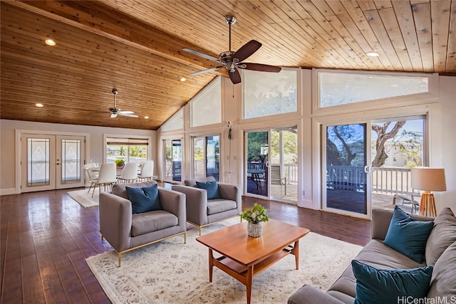 living room featuring ceiling fan, wood ceiling, high vaulted ceiling, and dark hardwood / wood-style flooring