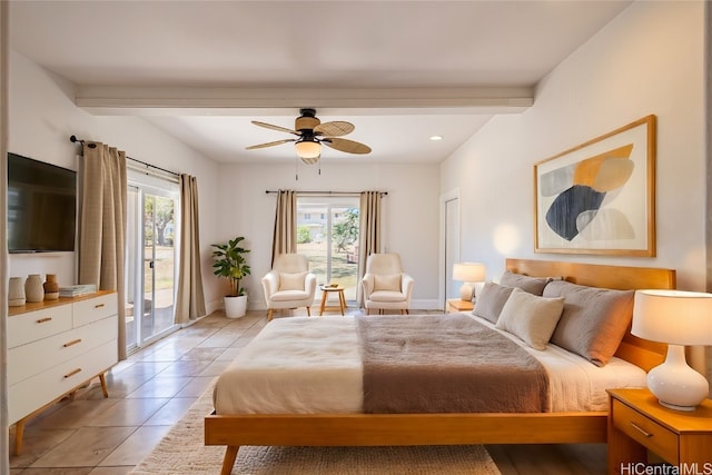 bedroom with beam ceiling, access to exterior, light tile patterned floors, and ceiling fan