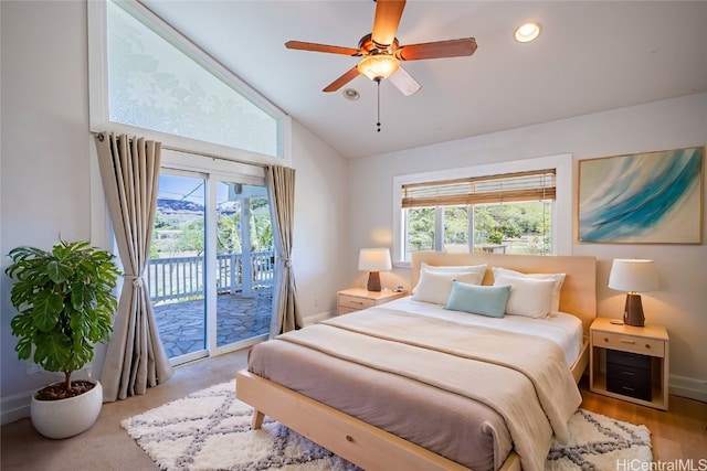 bedroom with light hardwood / wood-style floors, multiple windows, access to exterior, and ceiling fan