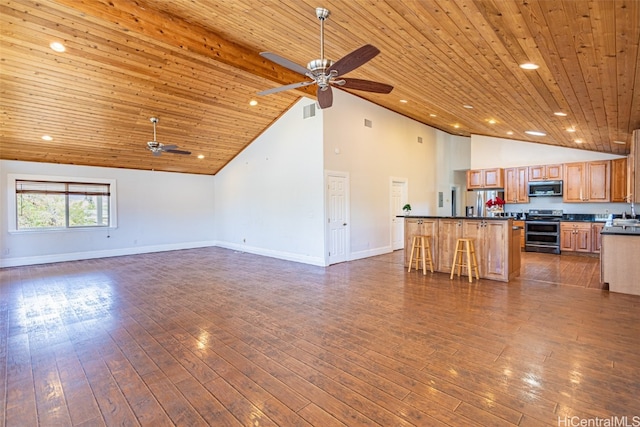 unfurnished living room featuring dark hardwood / wood-style floors, high vaulted ceiling, wooden ceiling, and ceiling fan