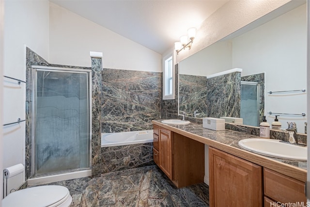 full bathroom with vanity, toilet, lofted ceiling, and plus walk in shower