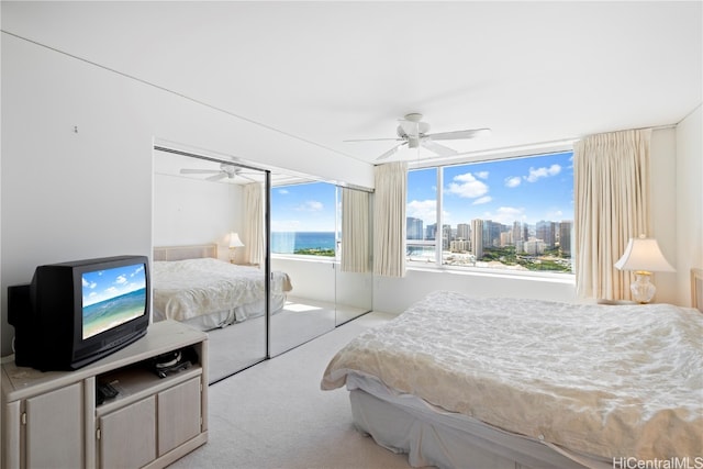 carpeted bedroom featuring a closet, ceiling fan, and multiple windows