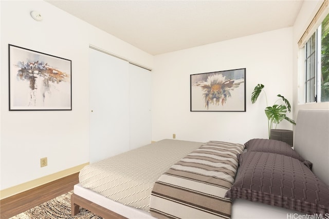 bedroom with wood-type flooring and a closet