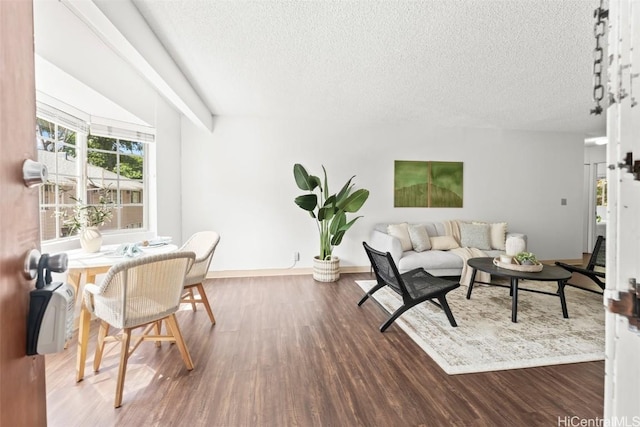 living area featuring a textured ceiling, wood finished floors, and baseboards