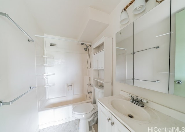 full bathroom featuring toilet, shower / bathing tub combination, and vanity