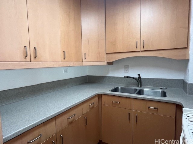 kitchen with light brown cabinets, washer / clothes dryer, and sink