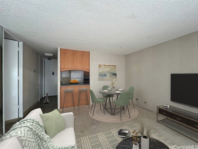 living room featuring a textured ceiling and dark carpet