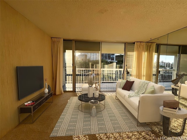 carpeted living room with expansive windows and a textured ceiling