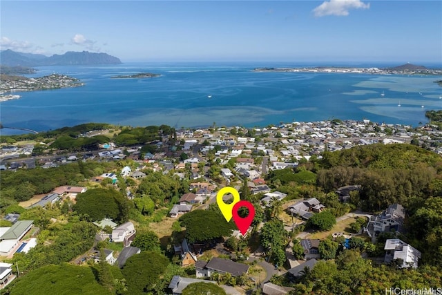 aerial view with a water and mountain view