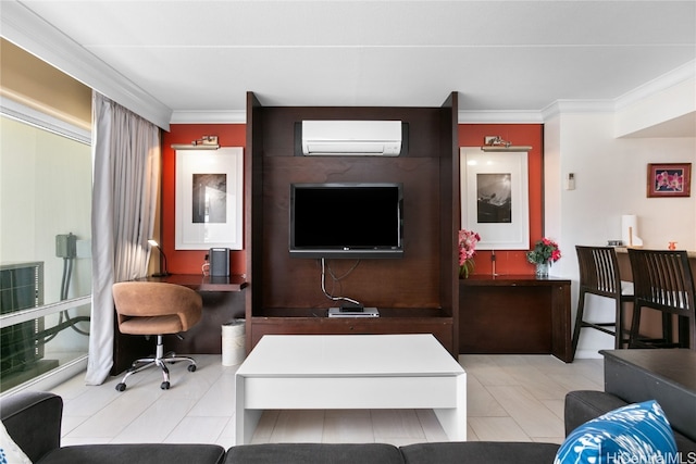 tiled living room with an AC wall unit and ornamental molding