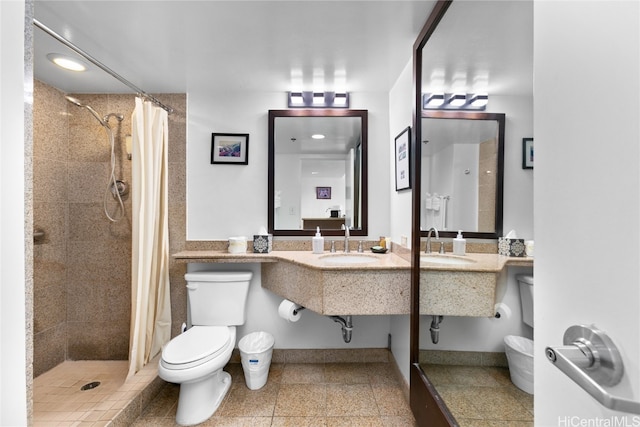 bathroom with toilet, curtained shower, and sink