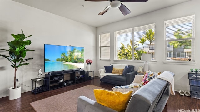 living room featuring ceiling fan and dark hardwood / wood-style flooring