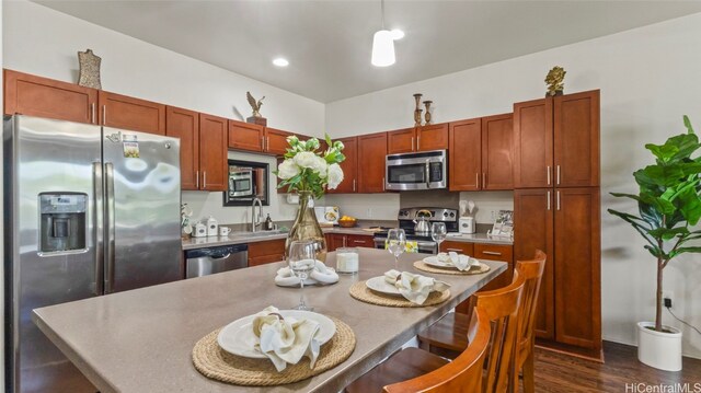 kitchen featuring sink, appliances with stainless steel finishes, decorative light fixtures, and dark hardwood / wood-style floors