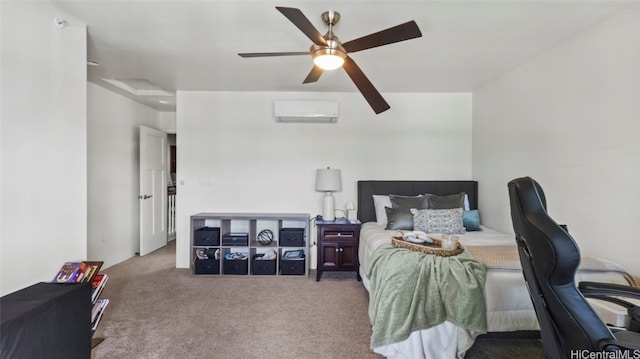 carpeted bedroom with a wall unit AC and ceiling fan