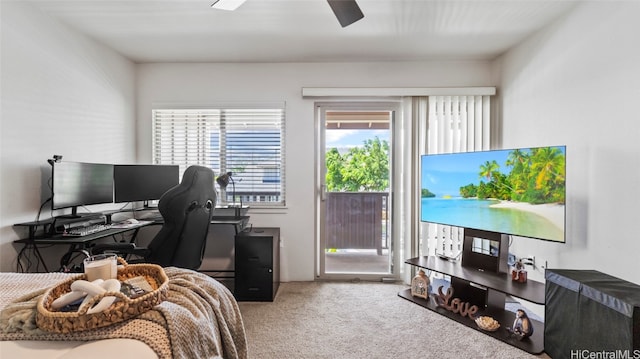 bedroom featuring carpet, access to outside, and ceiling fan