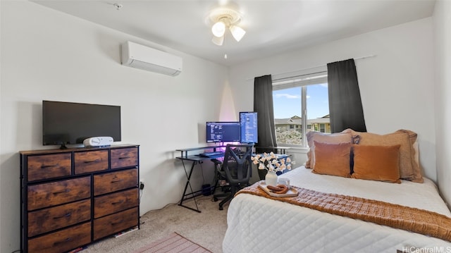 bedroom featuring a wall mounted air conditioner, light colored carpet, and ceiling fan