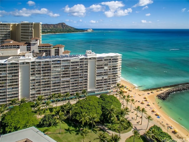 aerial view with a view of the beach and a water view