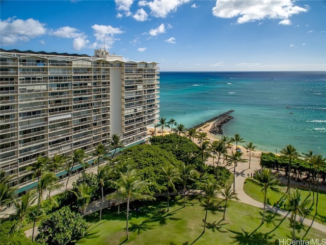 property view of water featuring a beach view