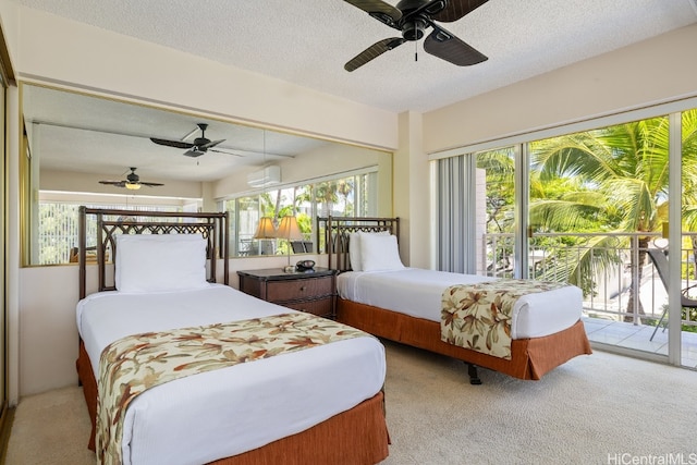 bedroom with light carpet, access to outside, and multiple windows