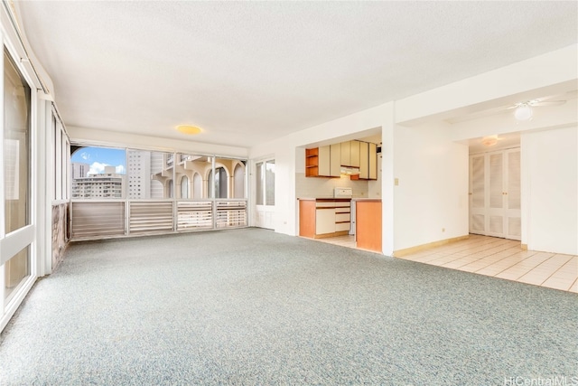 unfurnished living room with a textured ceiling and light colored carpet